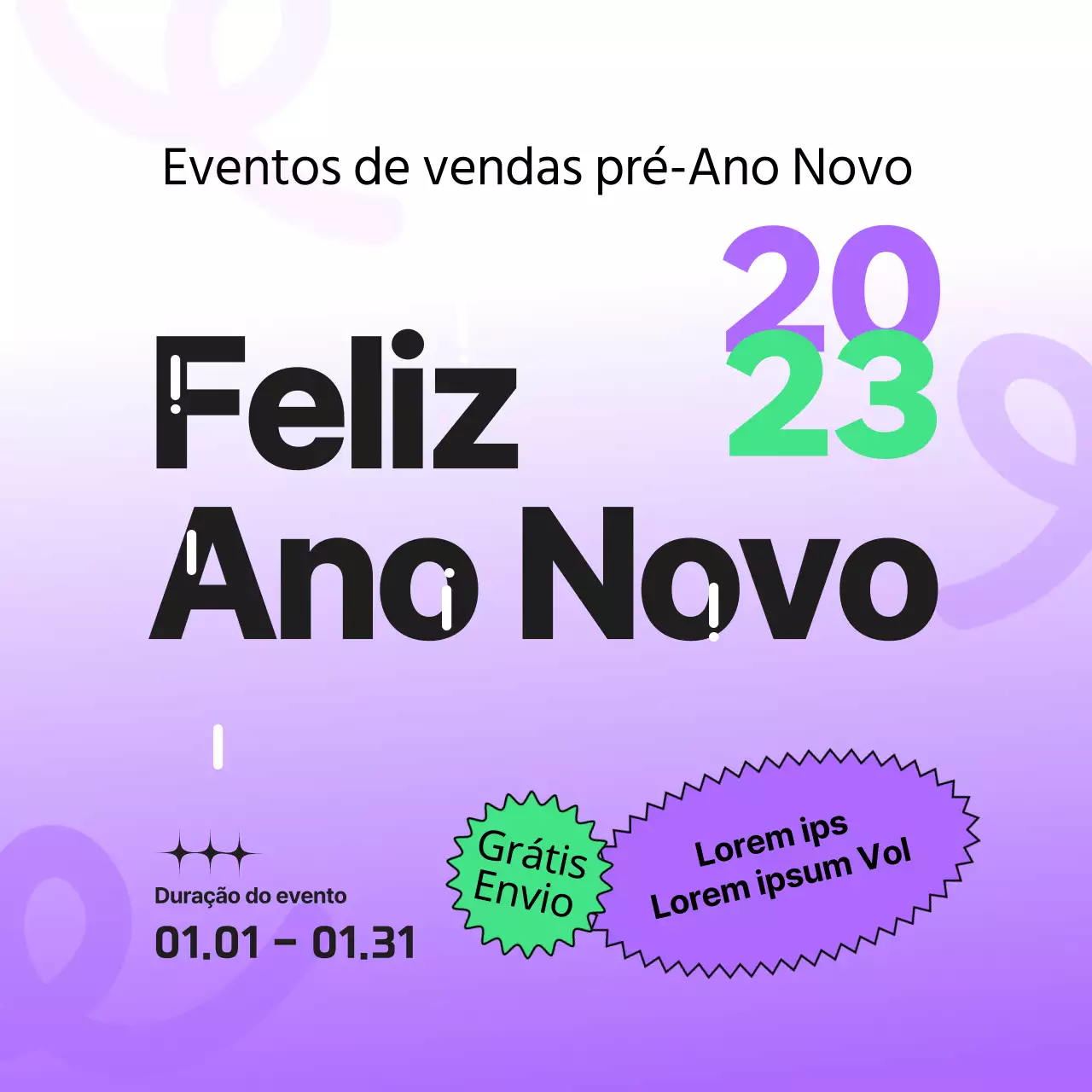 Anúncio de Feliz Ano Novo 2023 em púrpura e chartreuse fluorescente