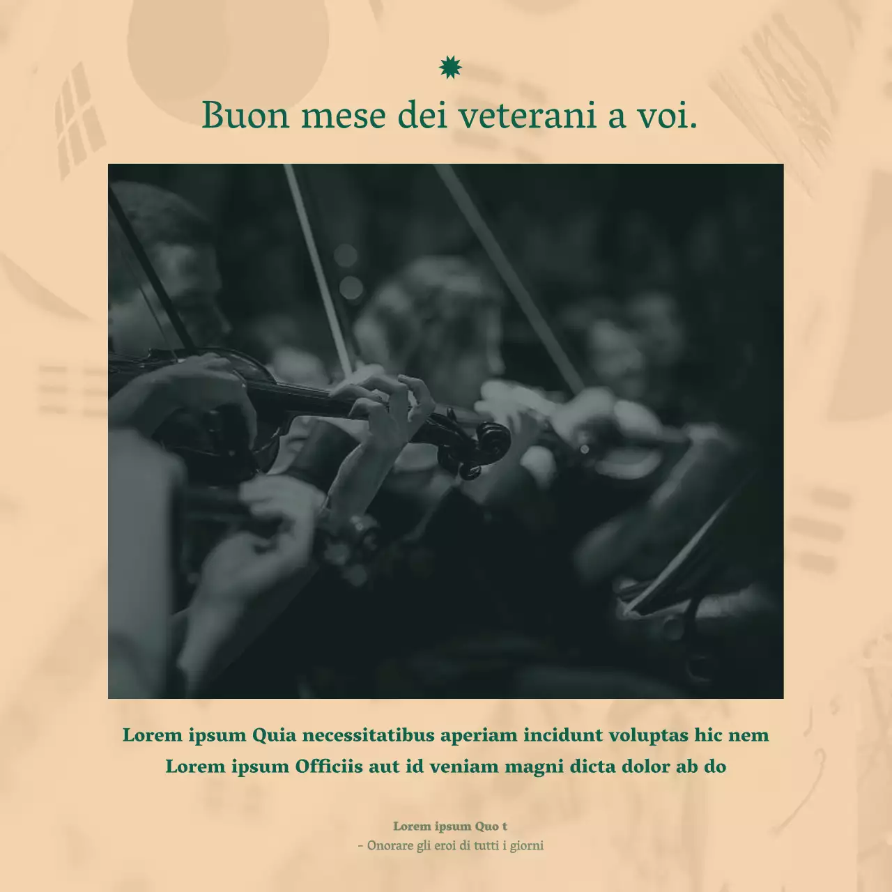 Un annuncio di concerto orchestrale pulito in un font serif con lussuose tonalità beige e verde scuro