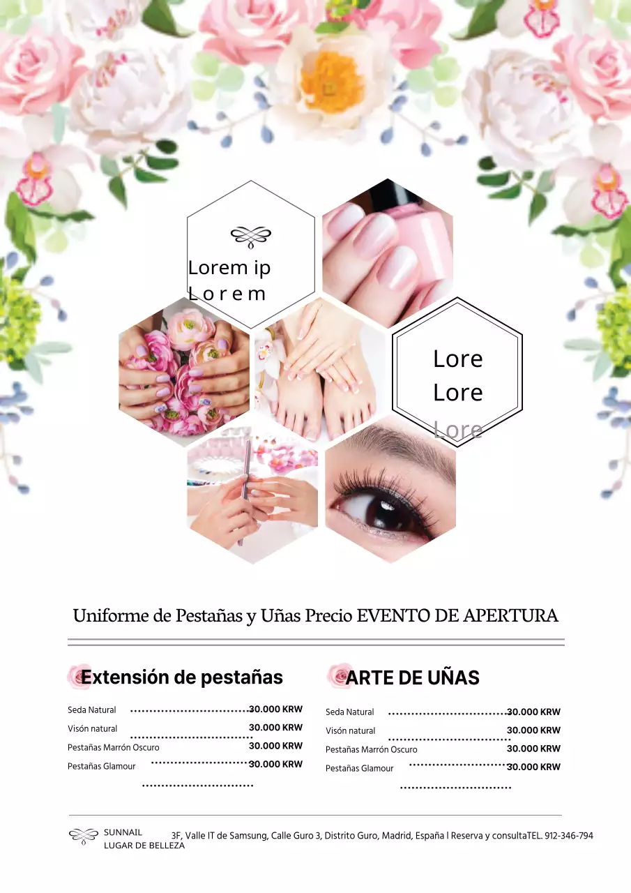 Evento abierto de concepto romántico con ilustraciones florales rosas y fotos de nail art