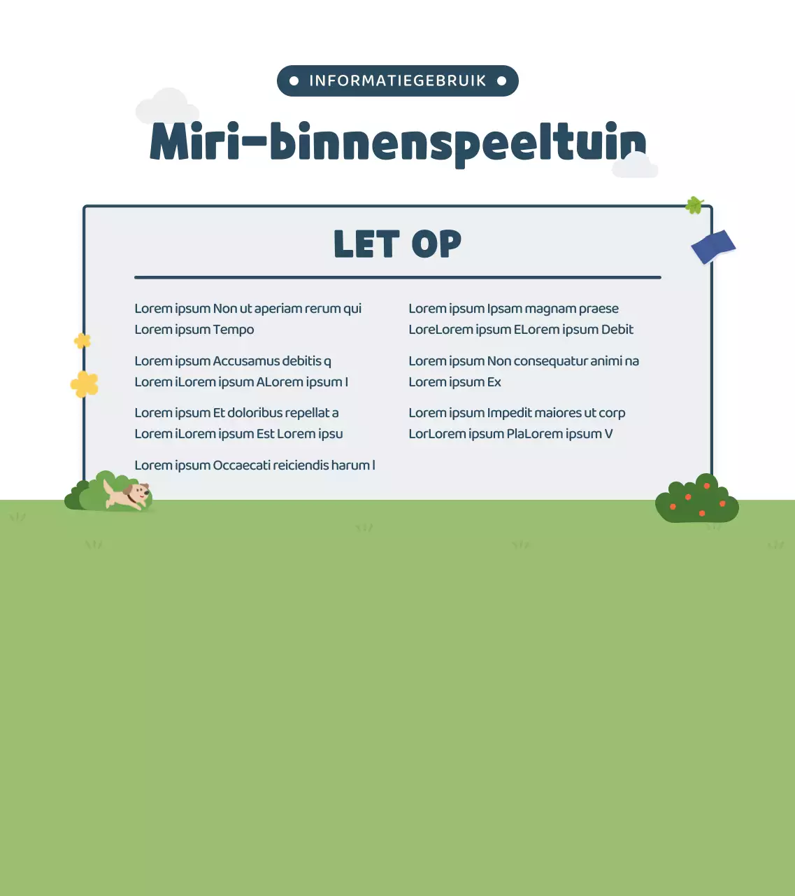 Schattige illustratiestijl in marineblauw en groen Informatie over binnenspeeltuinen