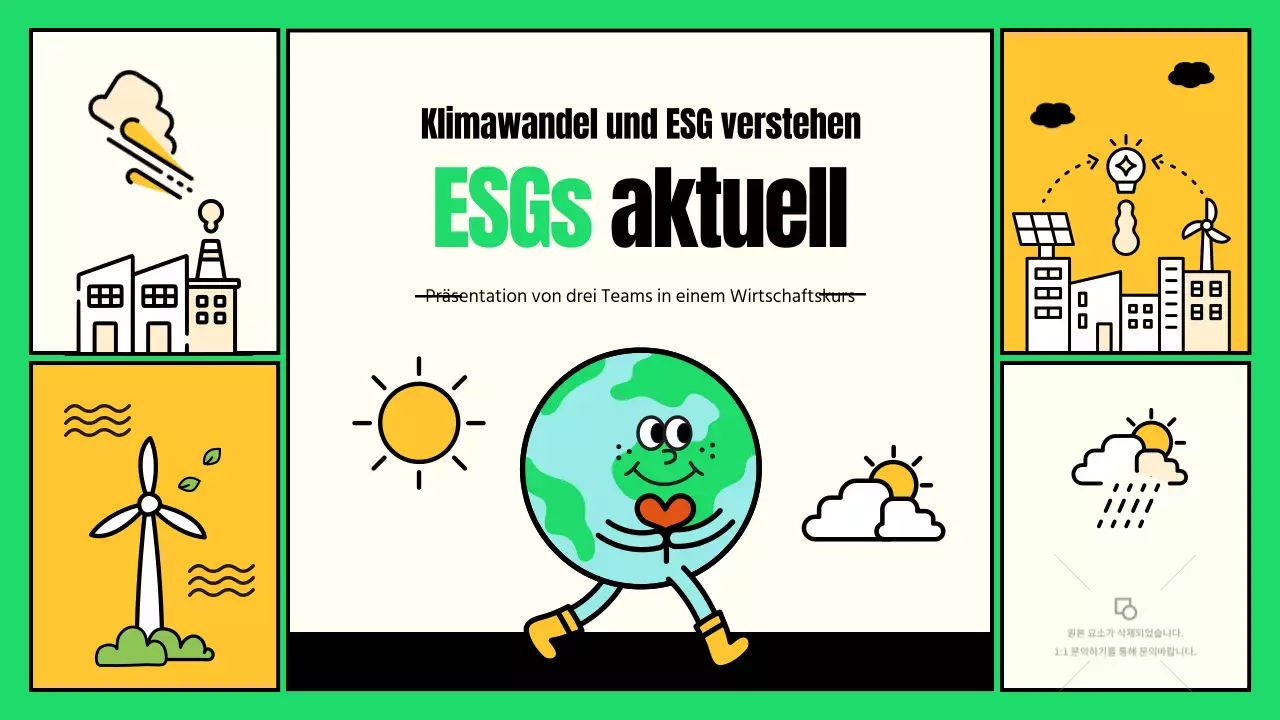 Niedliche Illustrationen mit grünen und gelben Akzenten ESG- und Klimaschutzmaßnahmen