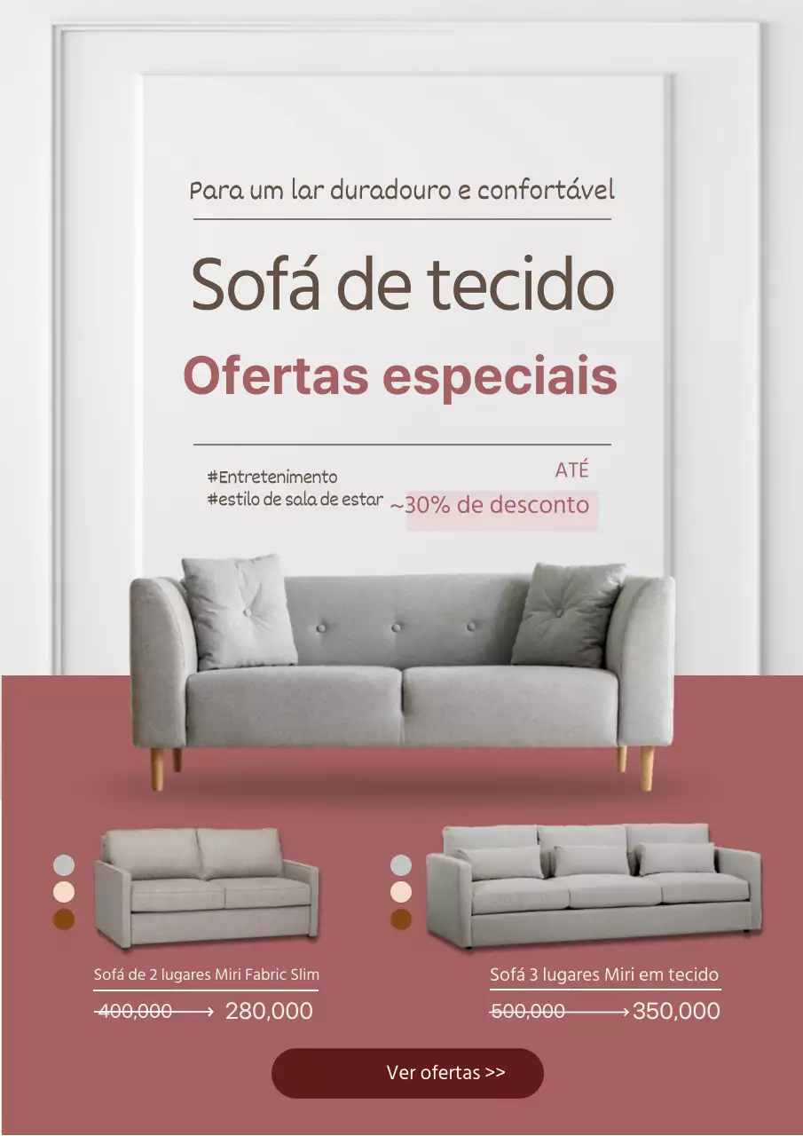 Cartaz Web que promove uma venda de um sofá moderno cor-de-rosa.