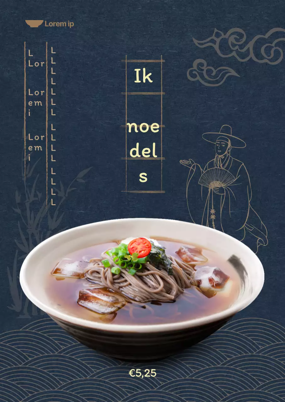 Zomermenu met donkere marineblauwe achtergrond en oosterse illustraties