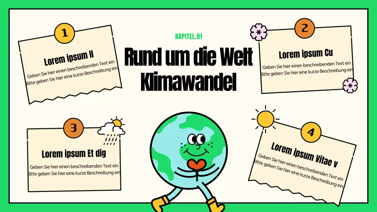 Niedliche Illustrationen mit grünen und gelben Akzenten ESG- und Klimaschutzmaßnahmen