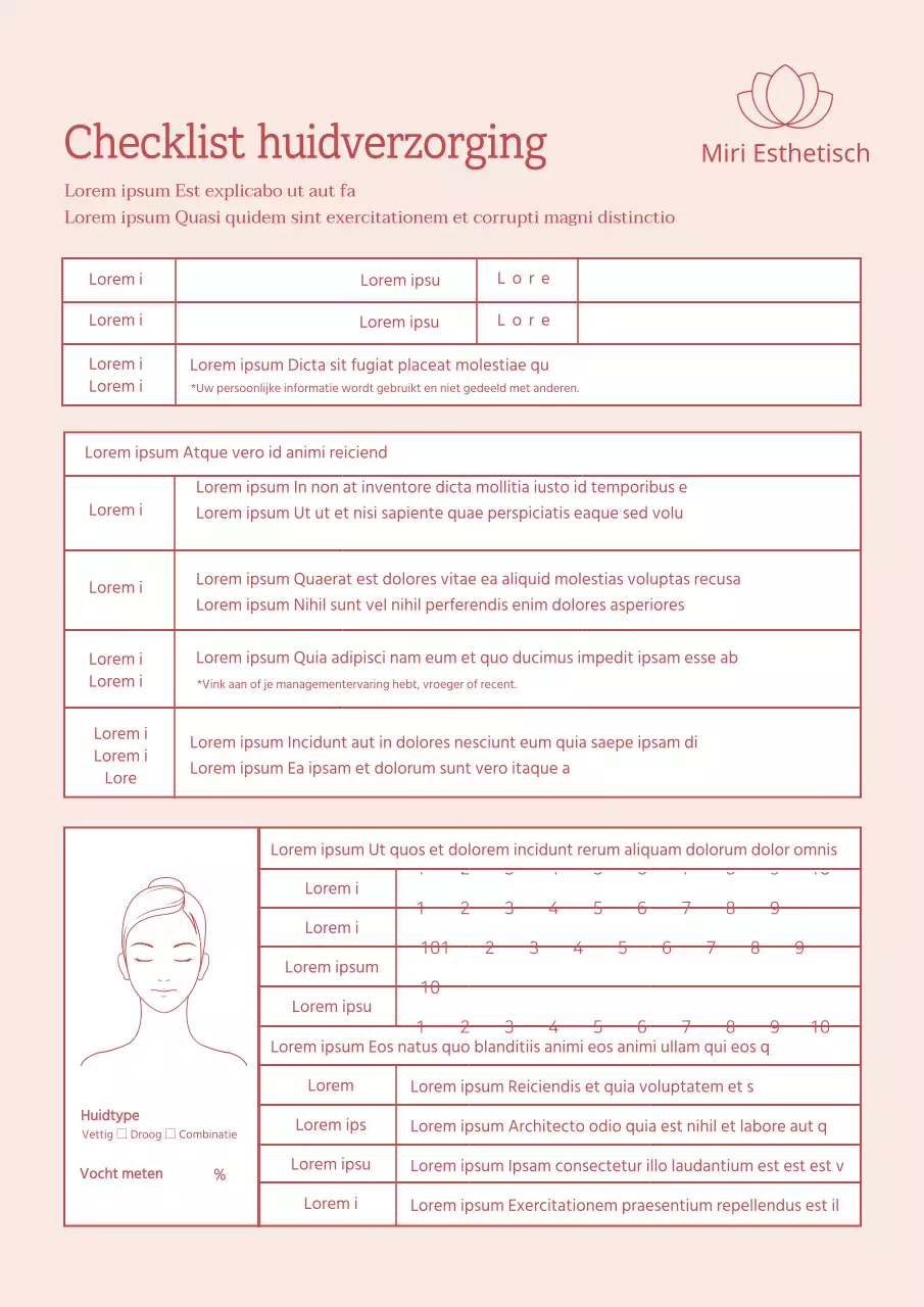 Checklist huidverzorging Vragenlijst schoonheidsspecialisten Documenten ziekenhuizen