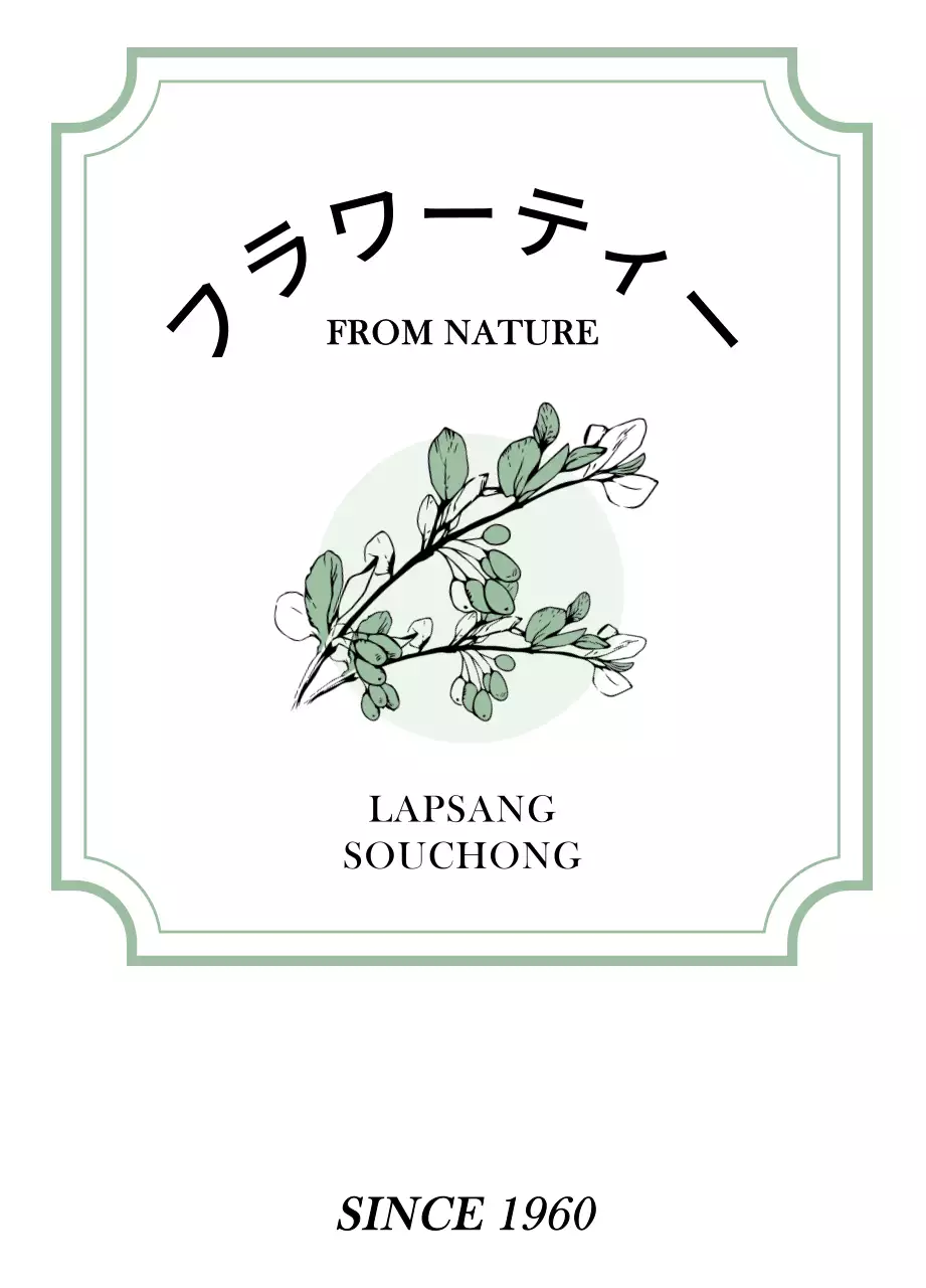 パステルオレンジとグリーンの植物や果実のスケッチイラストが描かれた高級感のあるティーバッグ。