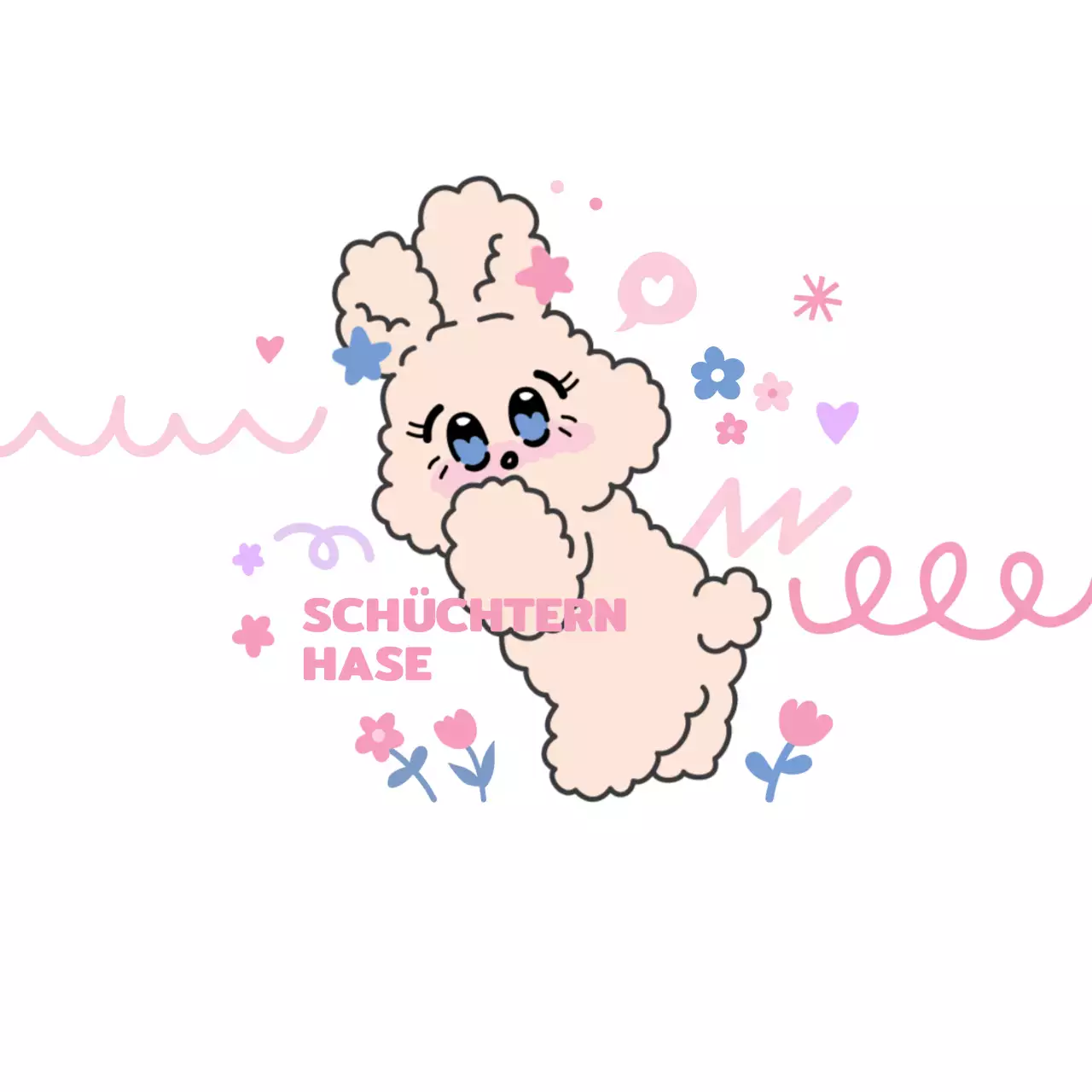 Personalisierte Artikel mit verschiedenen Formen und floralen Illustrationen in Rosa und Pastellfarben und einer niedlichen Hasenfigur.