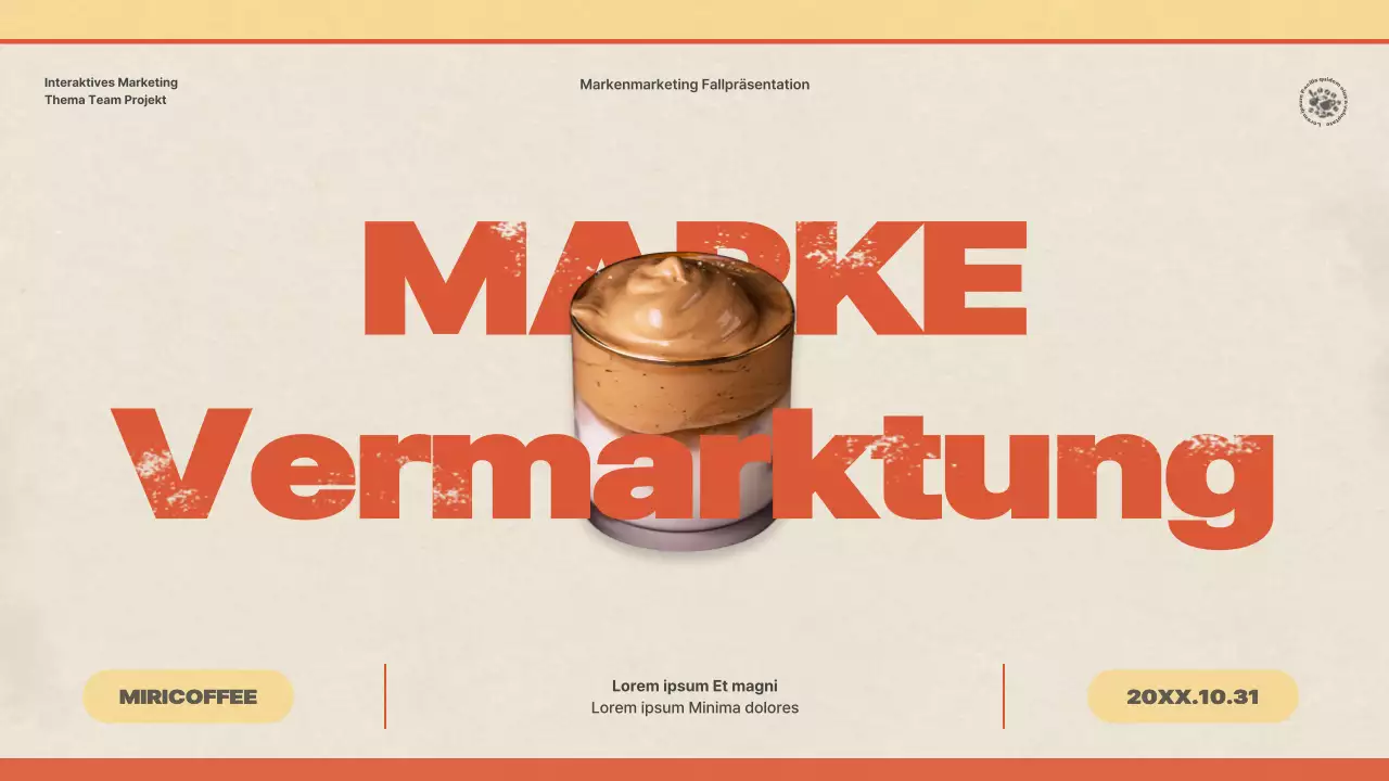 Präsentation einer Fallstudie über die Vermarktung einer Café-Marke mit einem alten, bunten und gelben Konzept