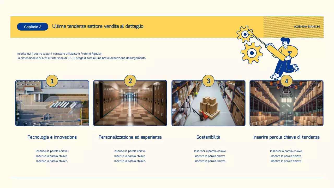 Rapporto sulle prospettive del settore retail con illustrazioni in blu e giallo