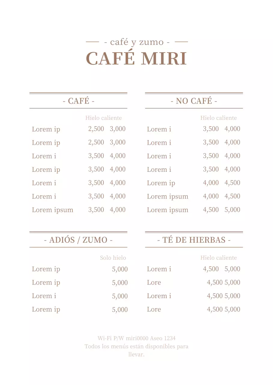 Un menú de cafetería de concepto limpio en blanco y marrón con una lista de precios.