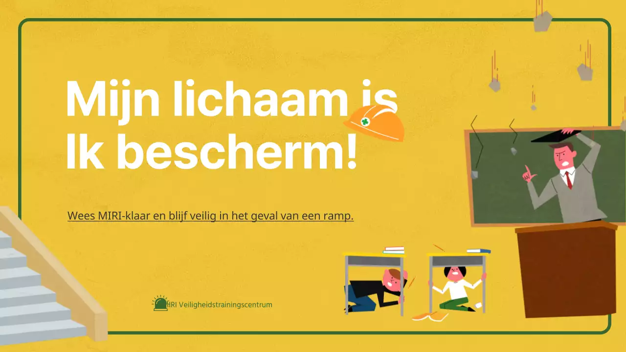 Veiligheidseducatie over aardbevingen en rampenparaatheid met behulp van illustraties op een geel en groen krijtbordconcept