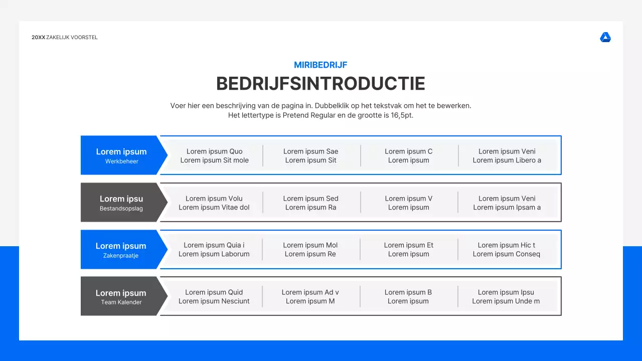 Strakke, intuïtieve presentatiekit voor zakelijke voorstellen in blauw en lichtgrijs