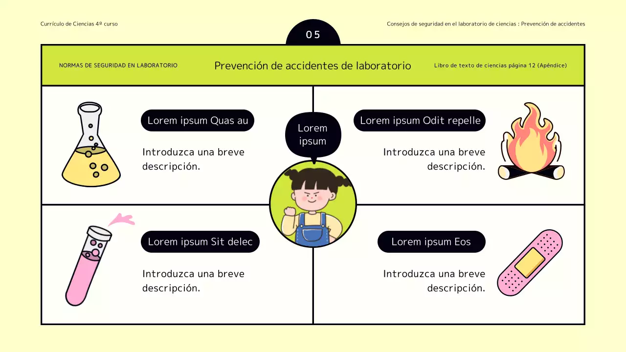 Simpáticos consejos de seguridad para laboratorios científicos en chartreuse y amarillo