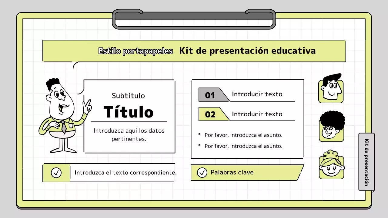 Kit de presentación educativa con concepto de portapapeles en cal y blanco