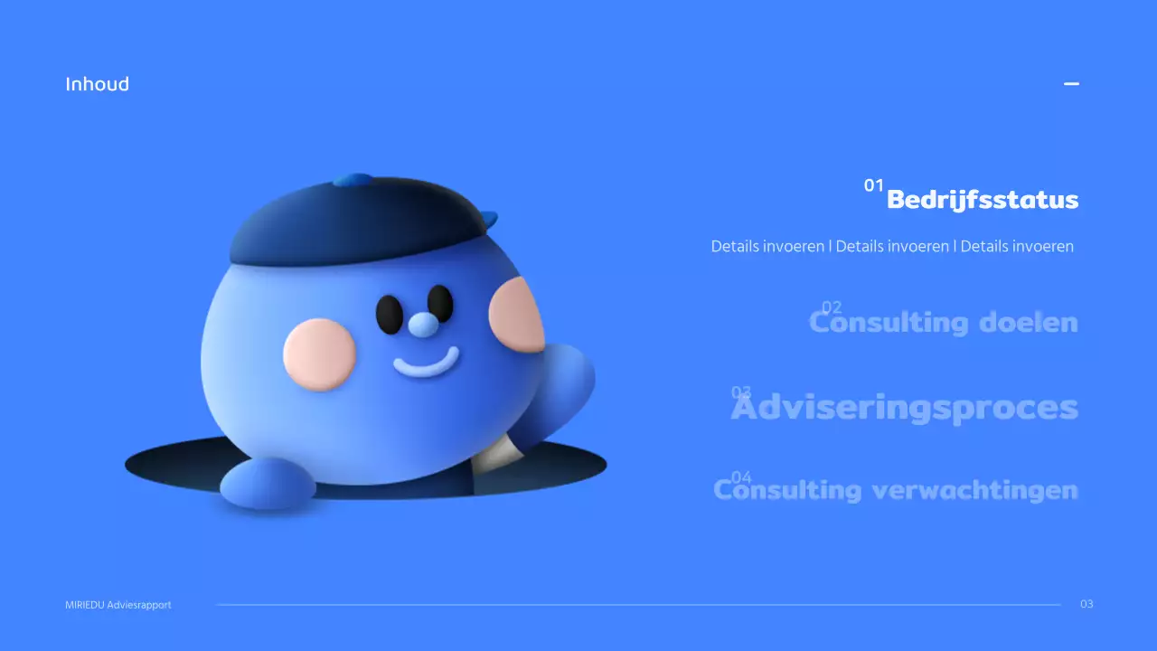 Een blauw driedimensionaal karakter met een strak concept voor een adviesrapport.