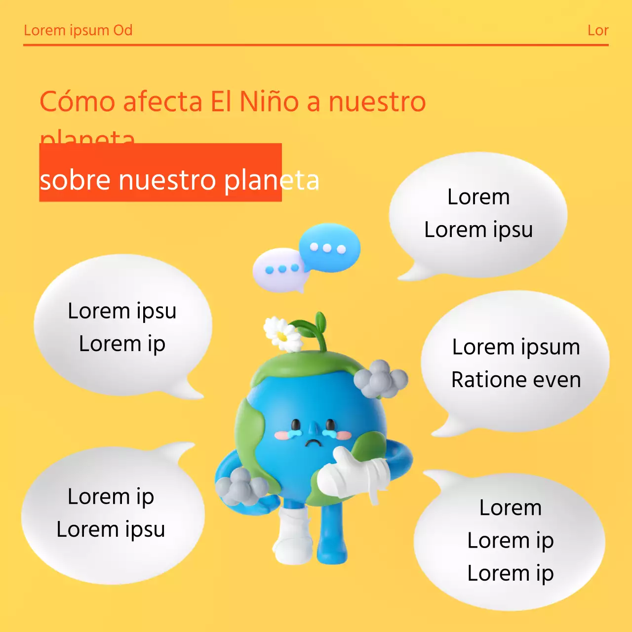 Historia del cambio climático con fondo degradado naranja y amarillo e ilustraciones en 3D