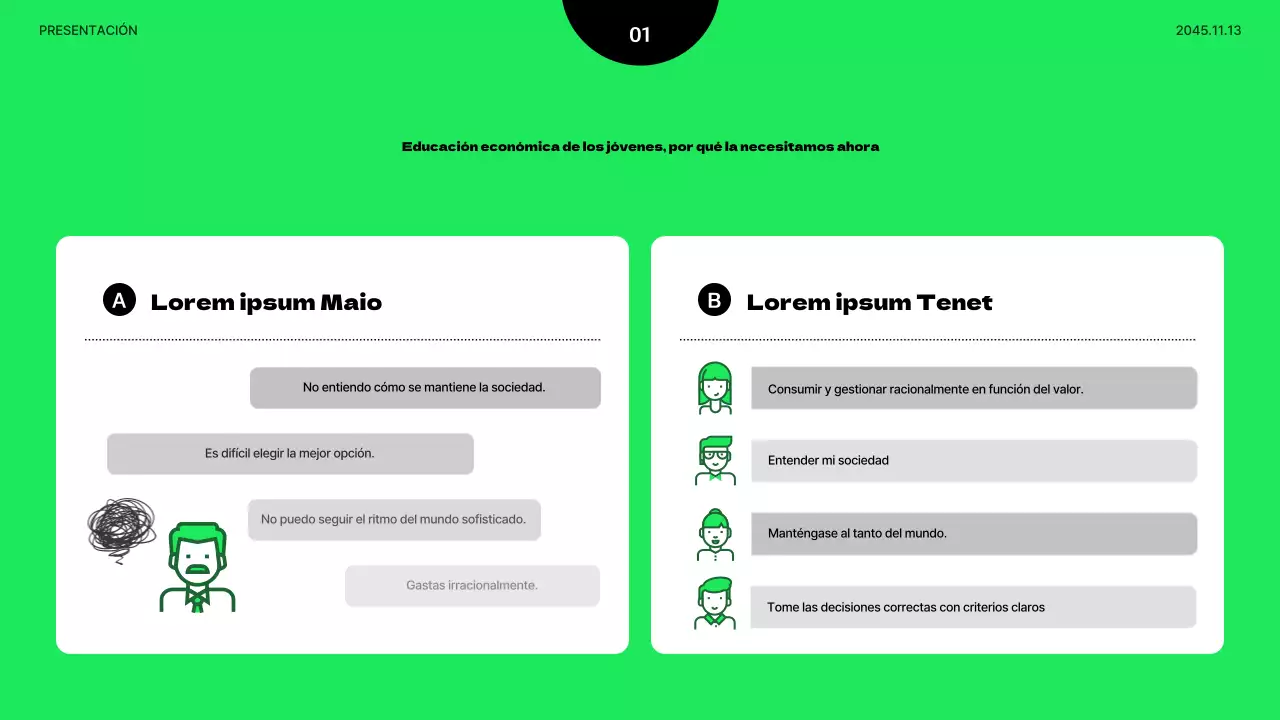Presentación minimalista de la educación económica de los jóvenes en verde lima y negro