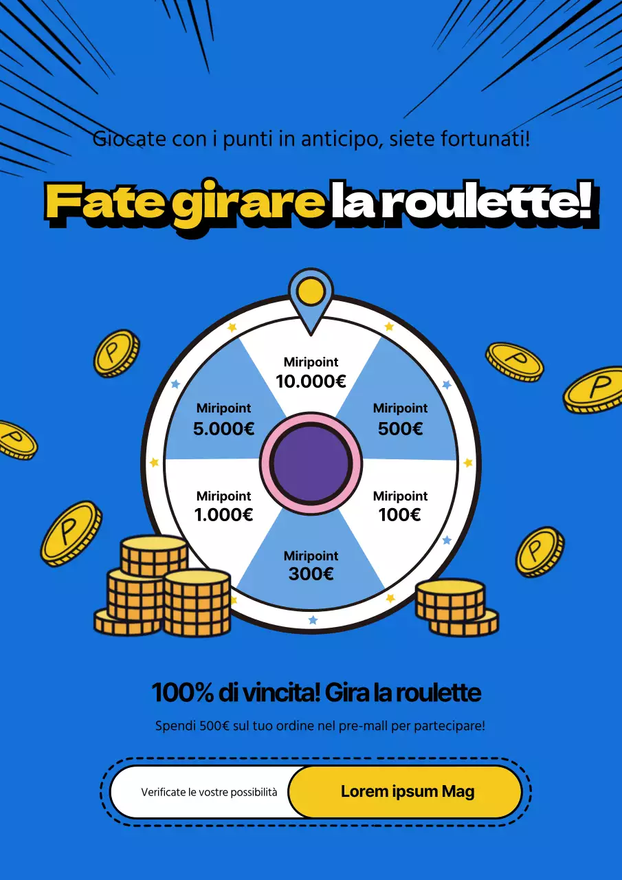 Promuovere un evento di roulette con un'illustrazione di roulette blu e gialla