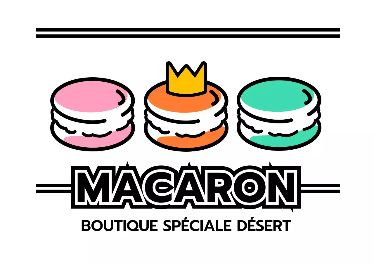 Promouvoir un magasin de desserts avec une illustration de macarons en noir et en couleurs accentuées