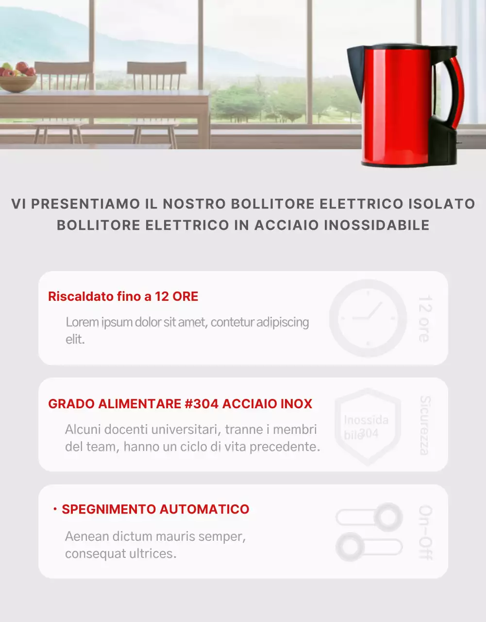 Semplice bollitore elettrico a tema nei colori rosso e grigio