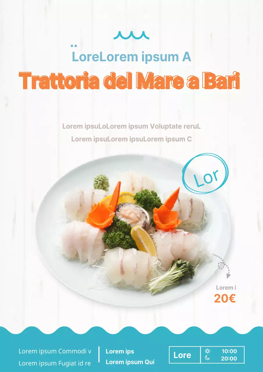Evento di inaugurazione di un ristorante sashimi con foto di sashimi blu e arancione