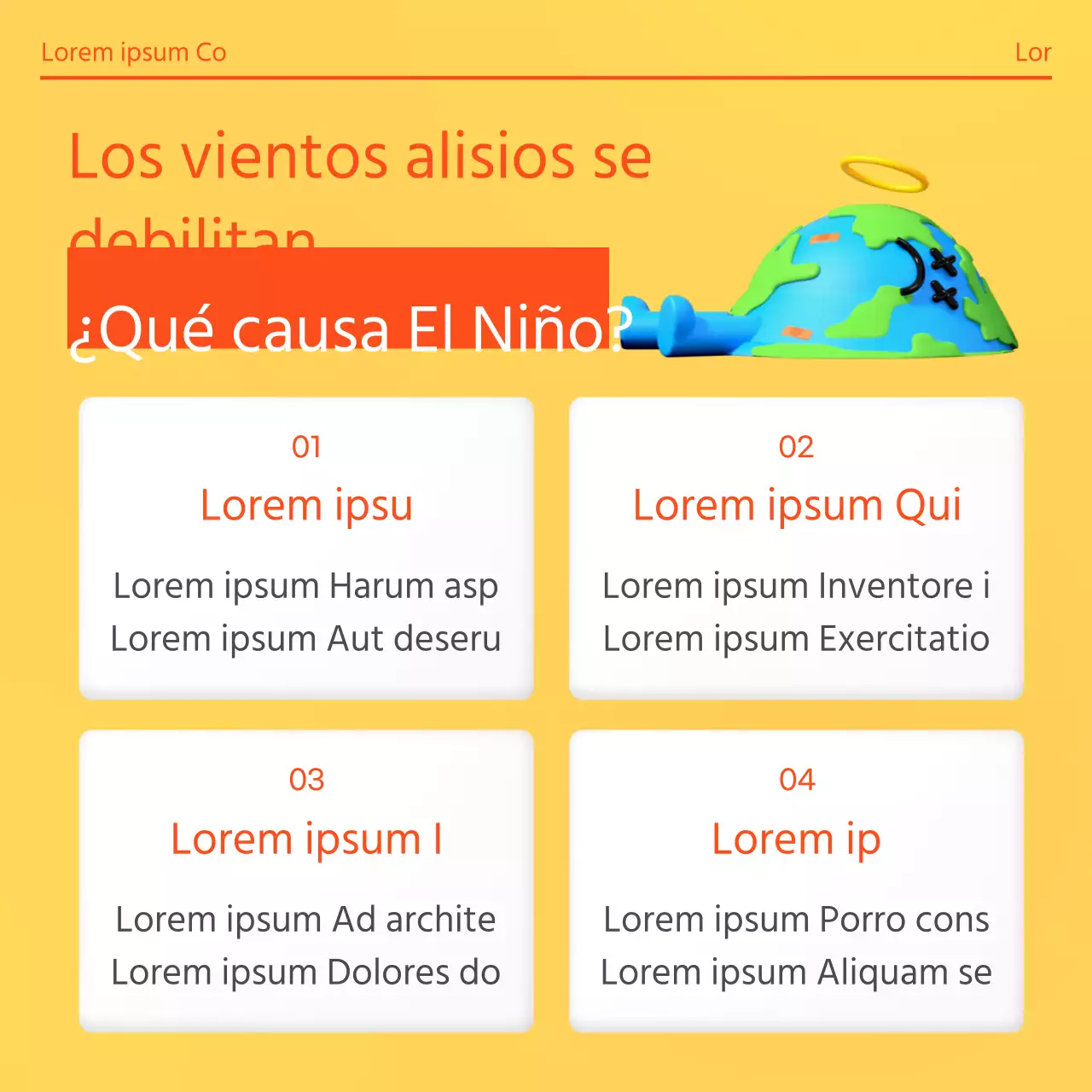 Historia del cambio climático con fondo degradado naranja y amarillo e ilustraciones en 3D