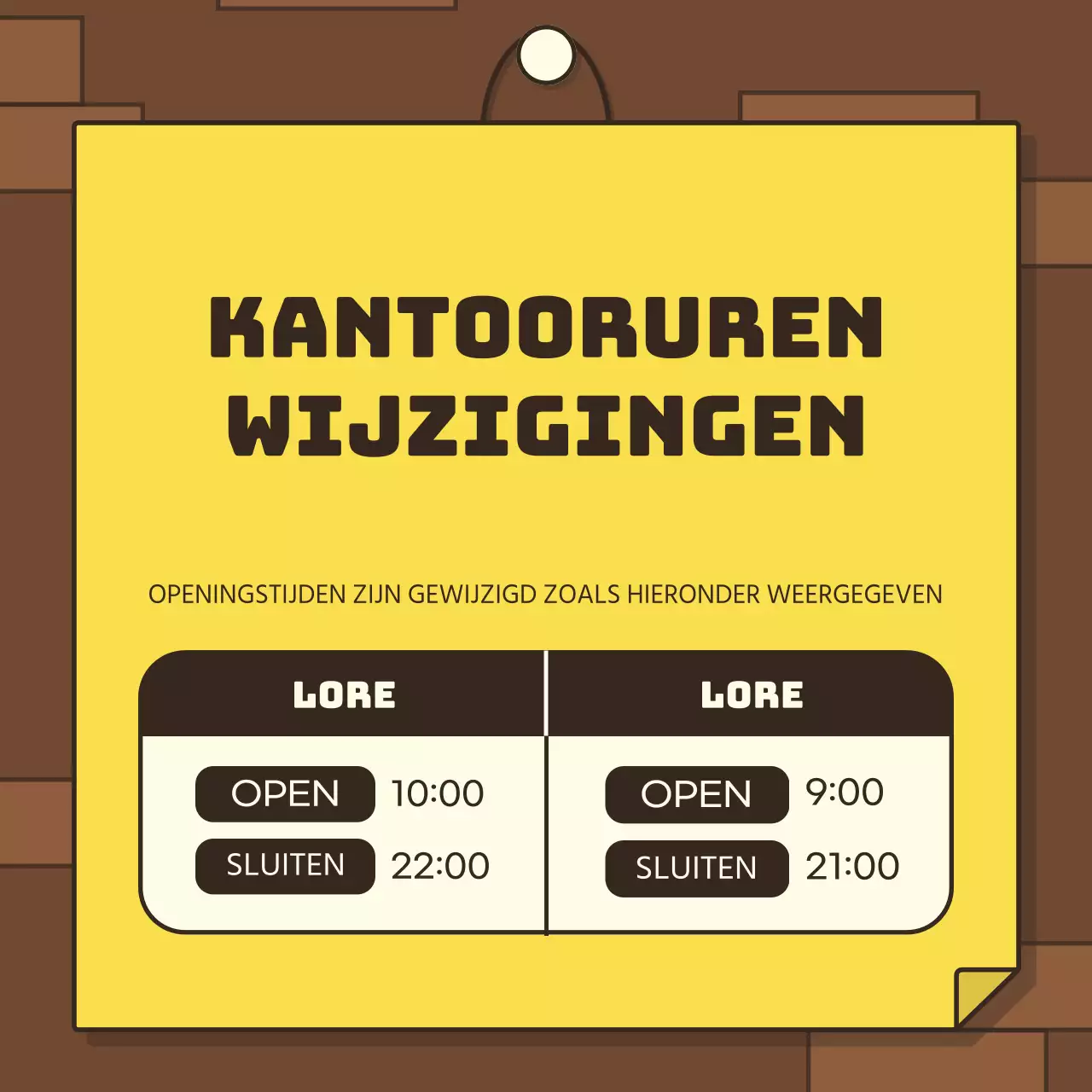 Bruine bakstenen muur geel papier concept met leuke openingstijden