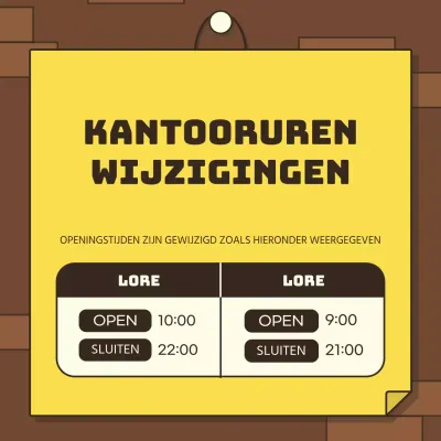 Bruine bakstenen muur geel papier concept met leuke openingstijden