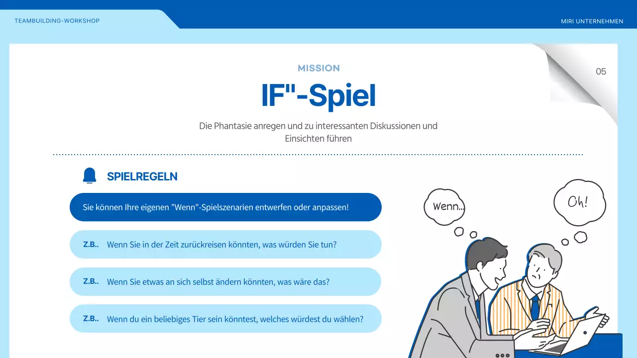 Workshop zur Teambildung mit Illustrationen in Blau und Gelb