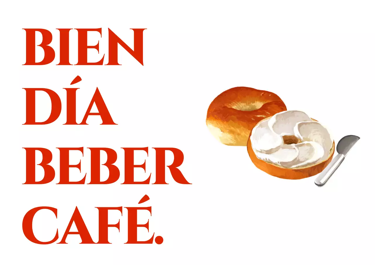 Diseña una cafetería con texto y horario de apertura en rojo