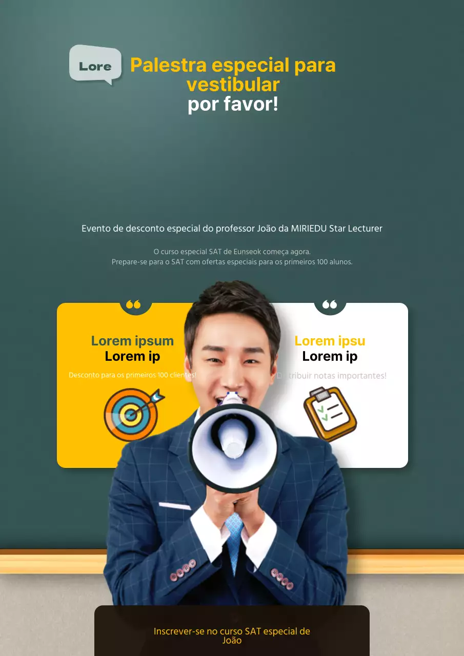 Promoção de uma escola de exame de admissão com um conceito de classe de uma rapariga verde e sorridente.
