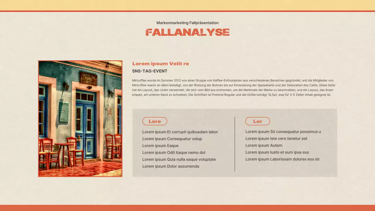 Präsentation einer Fallstudie über die Vermarktung einer Café-Marke mit einem alten, bunten und gelben Konzept