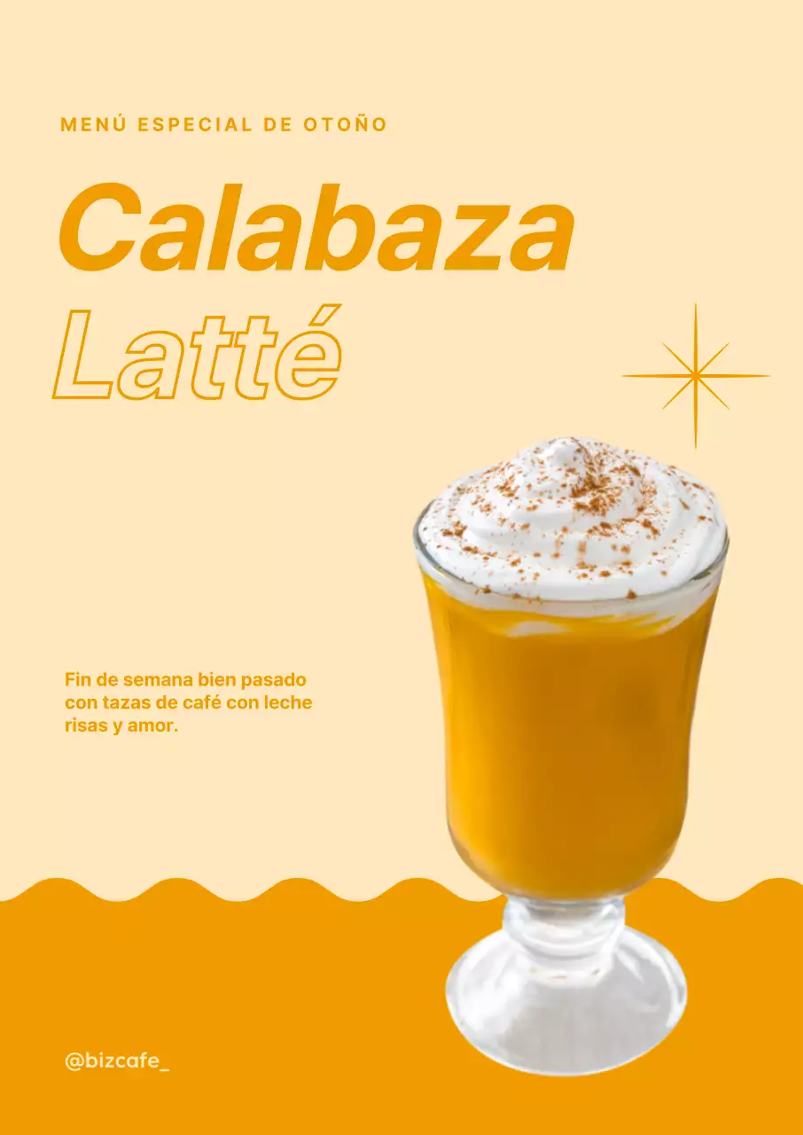 Cartel de café con leche con foto de la bebida y fuente cursiva sobre fondo ondulado