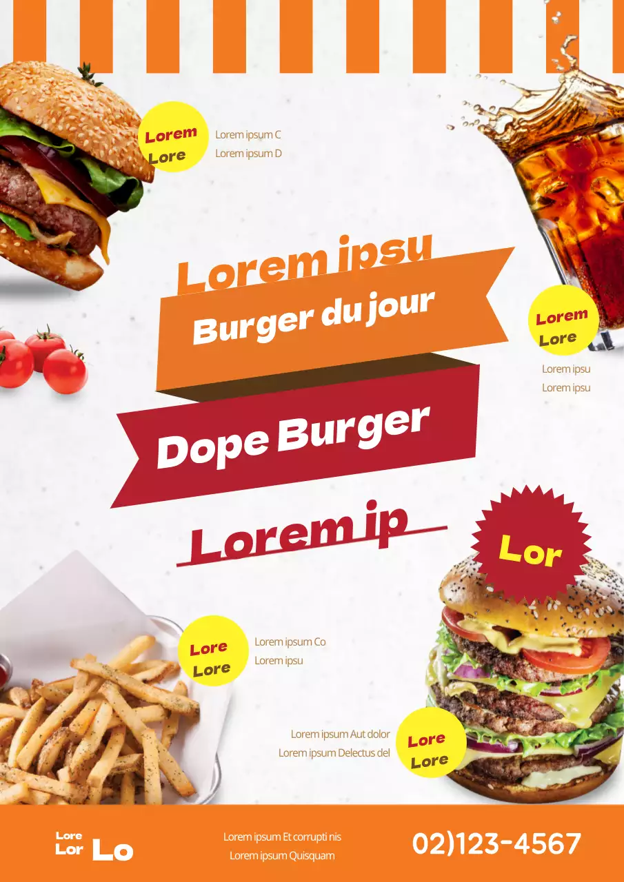 Prospectus promotionnel pour la vente de hamburgers du jour en orange et rouge