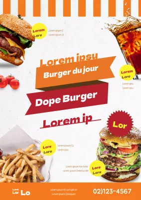 Prospectus promotionnel pour la vente de hamburgers du jour en orange et rouge