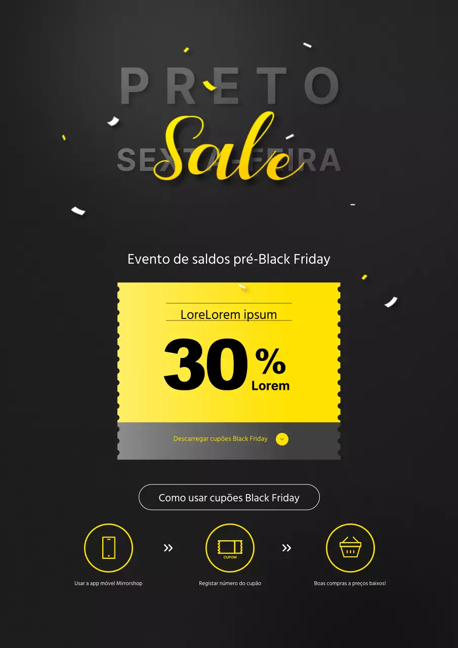 Promover um simples evento de saldos da Sexta-feira Negra com concursos e cupões a preto e amarelo