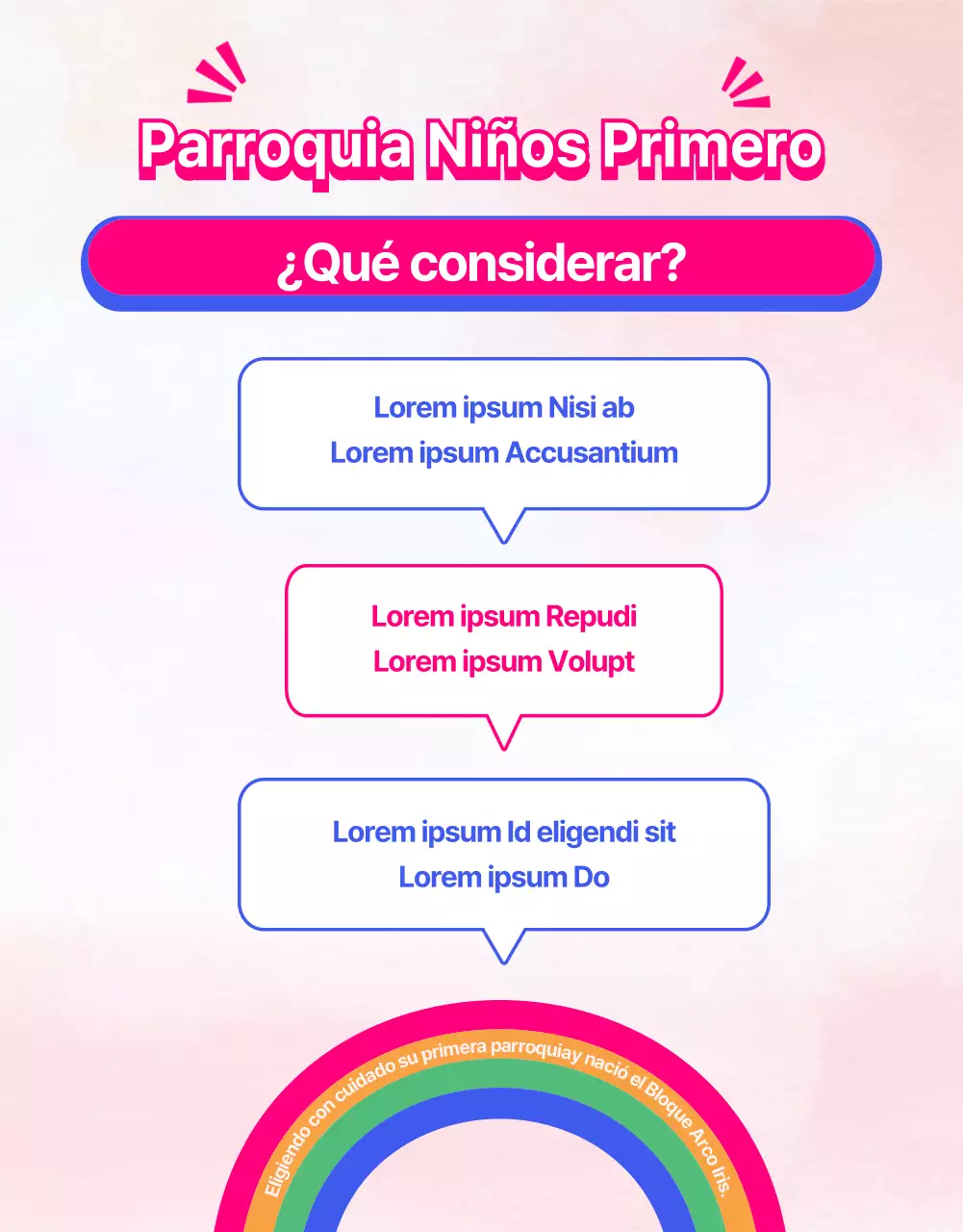 Material de promoción de la parroquia infantil con coloridas ilustraciones del arco iris