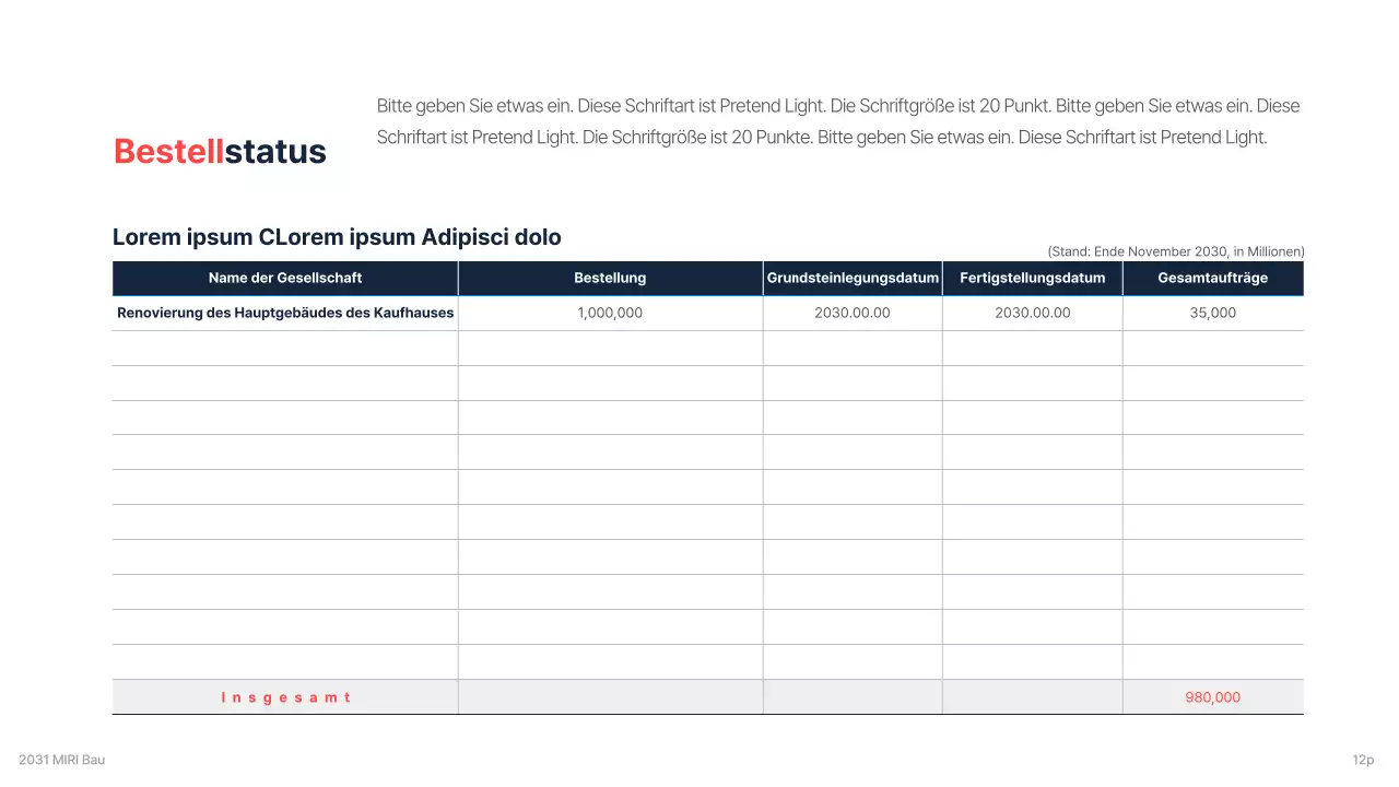 Corporate Briefing eines Bauunternehmens für Investitionen mit einem klaren Farbschema in Marineblau und Rot als Akzent