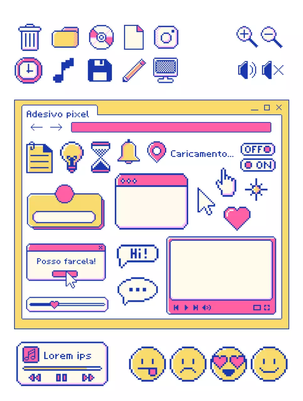 Elementi in stile schermo di computer con pixel gialli e rosa