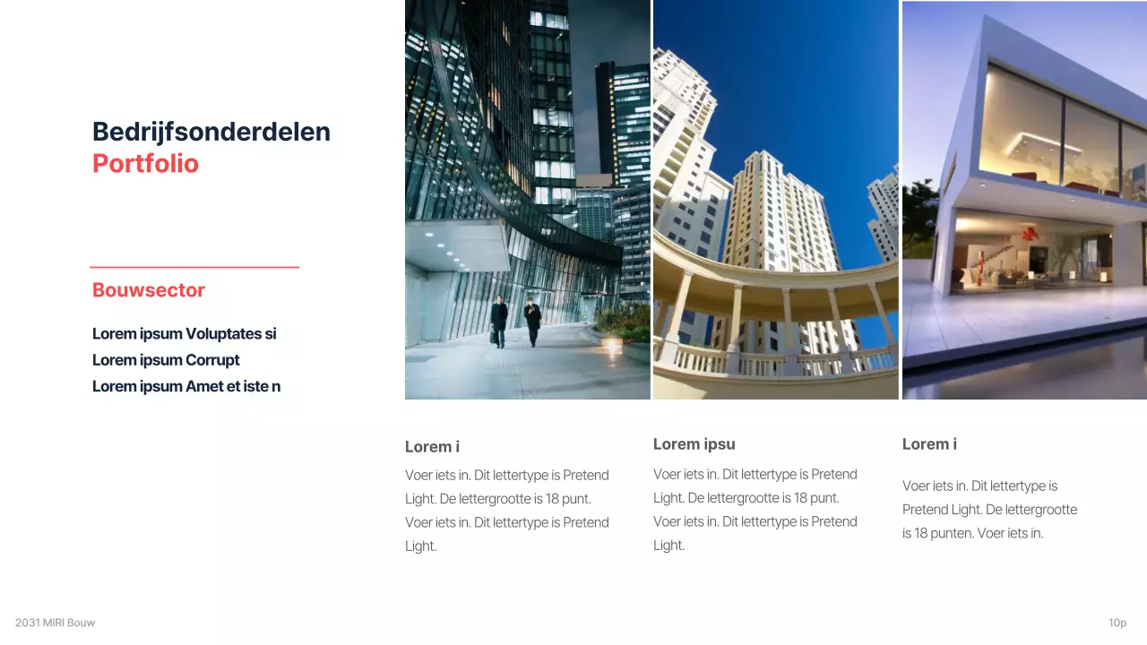 De zakelijke investeringsopdracht van een bouwbedrijf met een strak marineblauw en rood accentkleurenschema