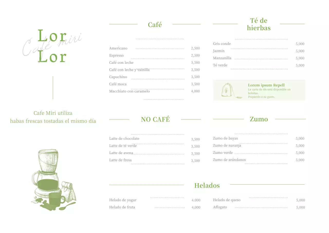 Blanco y verde lima pluma ilustración de un menú de cafetería cartel horizontal