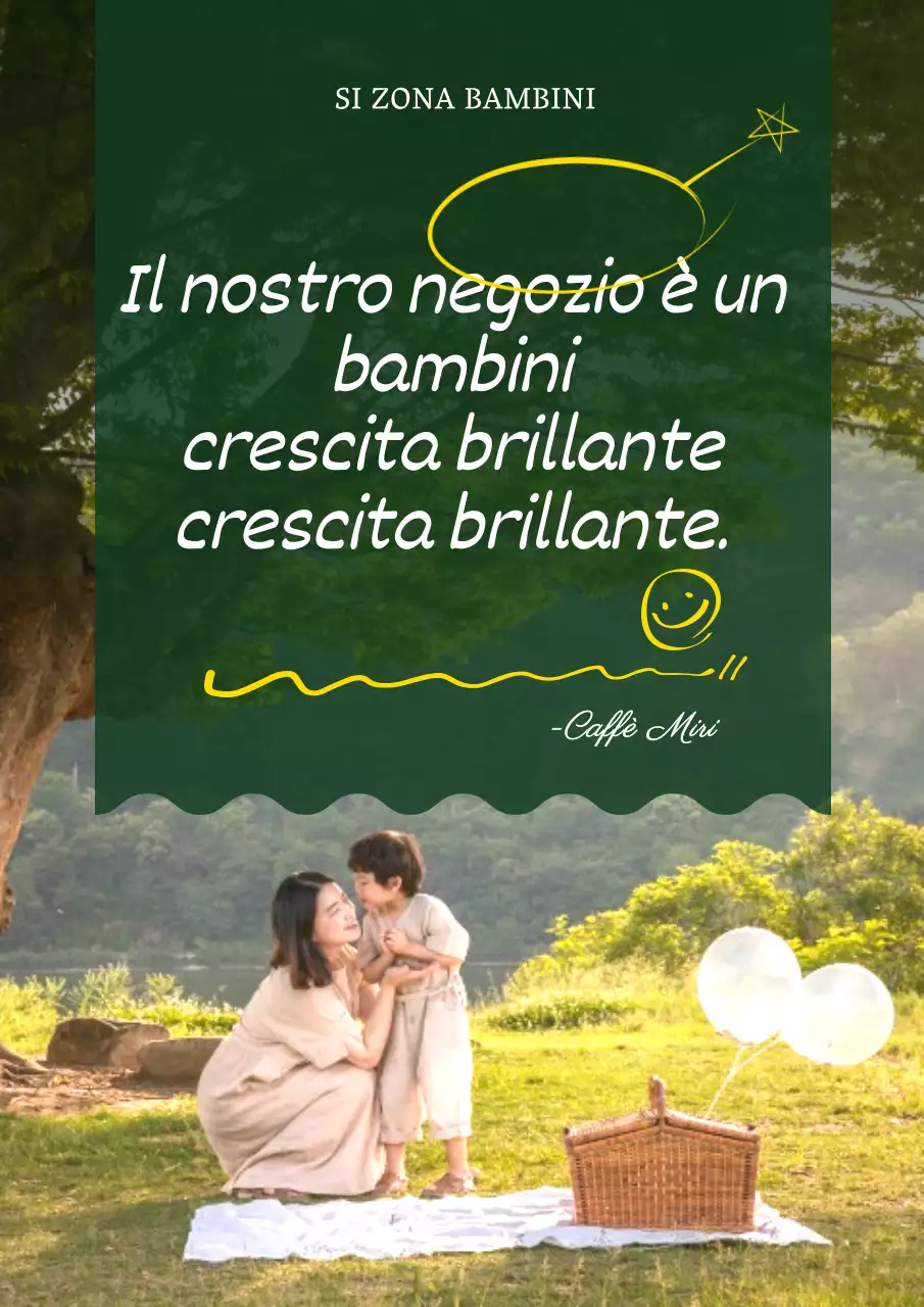Poster promozionale della zona bambini del caffè, evidenziato in verde.