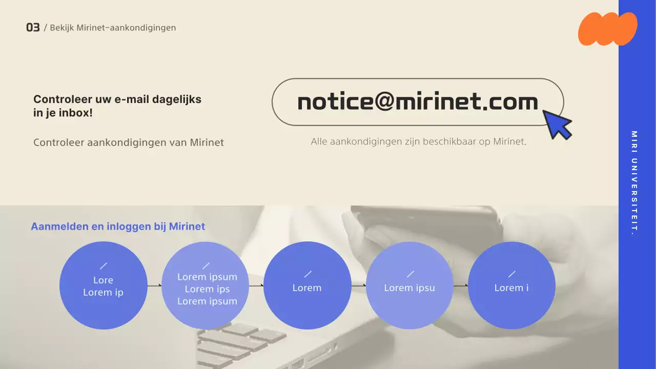 Een oriëntatiepresentatie met een trendy ontwerp, geaccentueerd met felle kleuren.