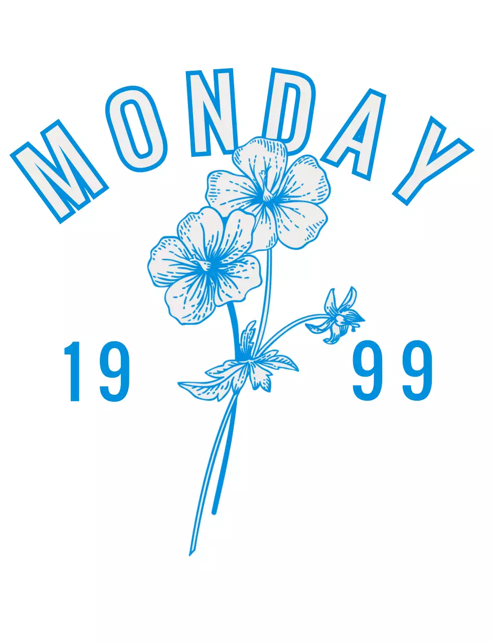 Vintage floral illustrations and day of the week lettering in blue