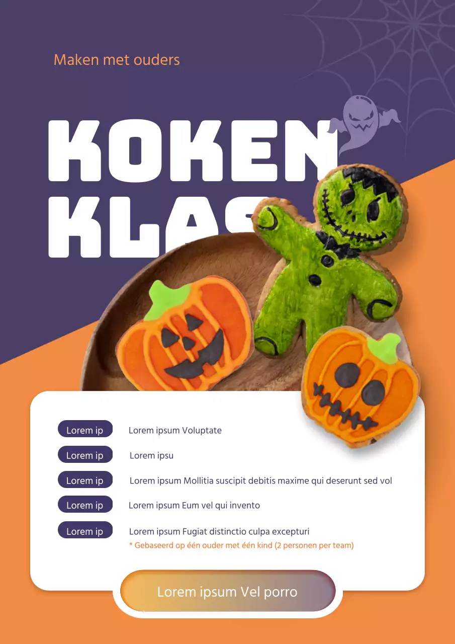 Promoot een leuke kookles met paarse Halloween-koekjes en kinderfiguren