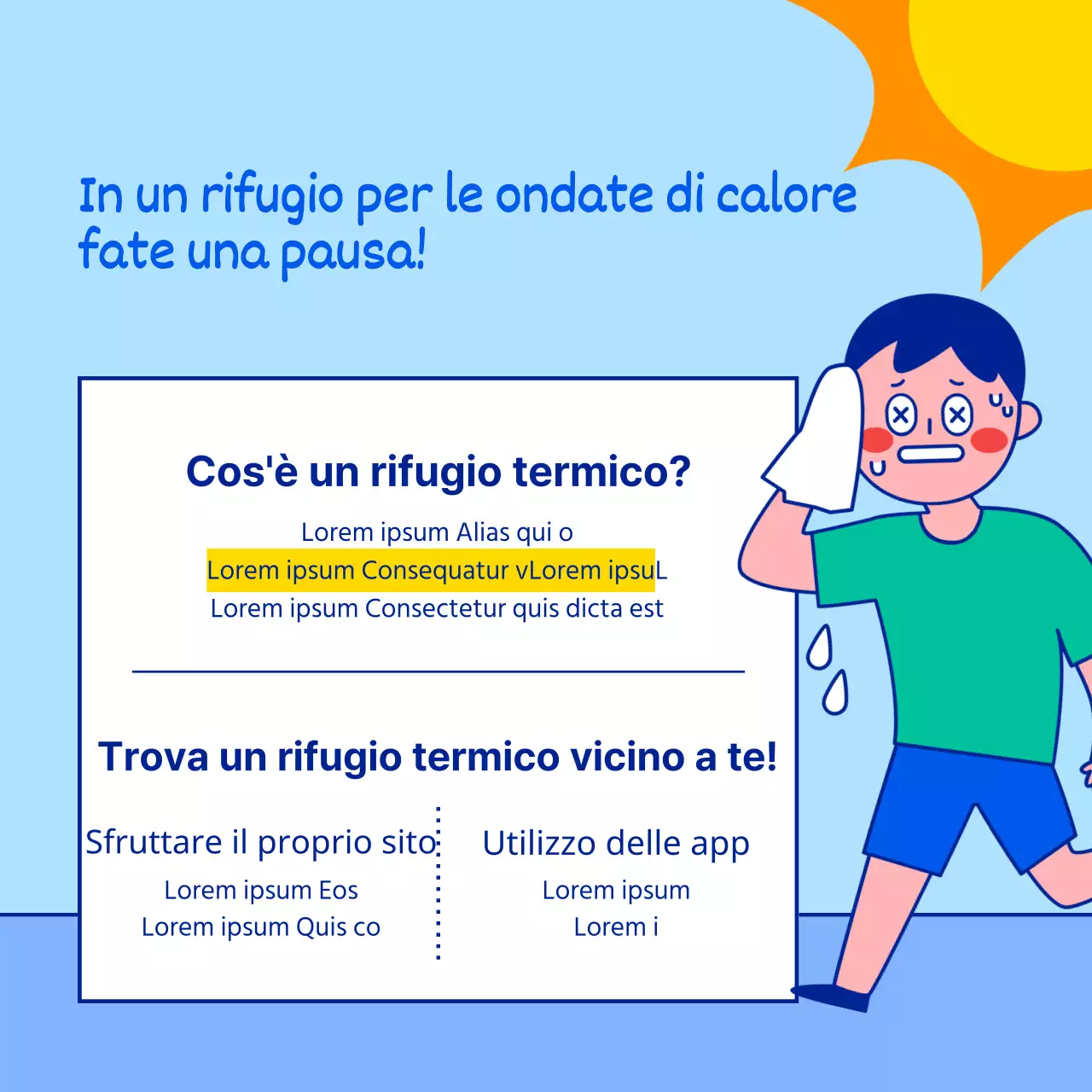 Programma di ricovero per le ondate di caldo estivo con illustrazioni di personaggi semplici e carini in azzurro e blu.