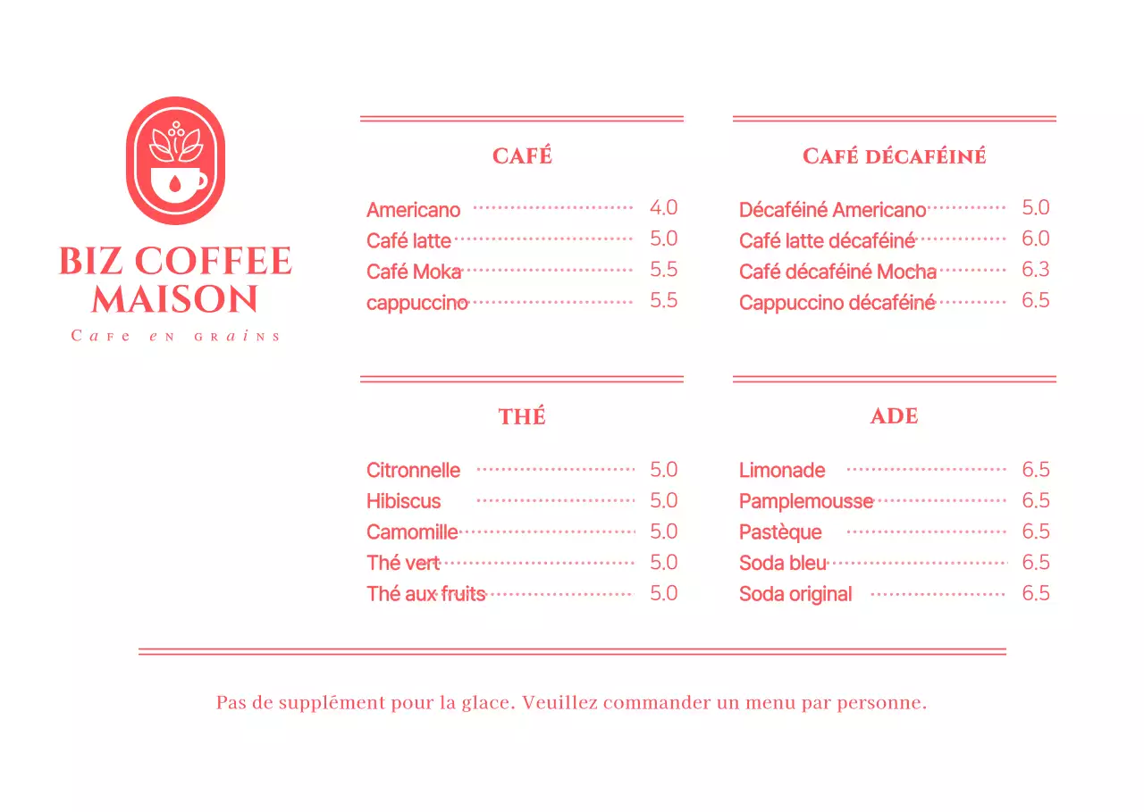 Prix des menus pour un concept simple de café rouge et blanc