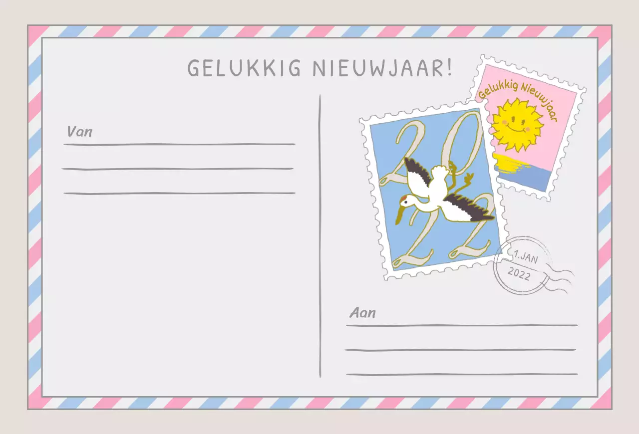 Nieuwjaarspostzegelcollage met schattige illustraties in roze lichtblauw bruin