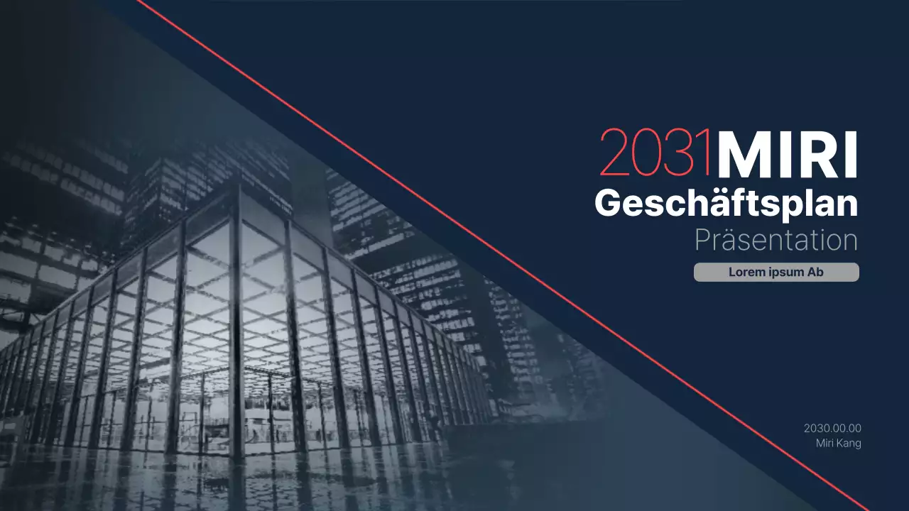 Corporate Briefing eines Bauunternehmens für Investitionen mit einem klaren Farbschema in Marineblau und Rot als Akzent