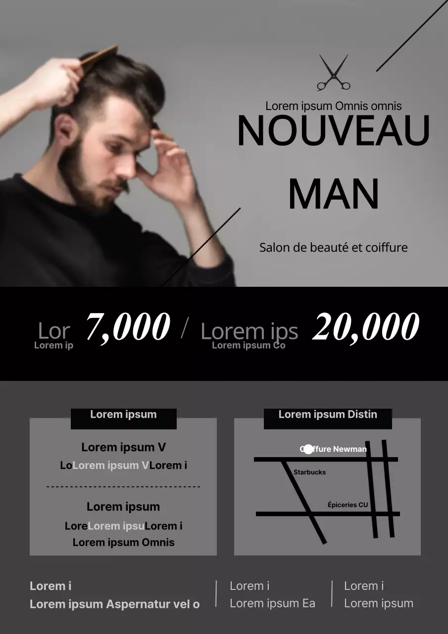 Flyer promotionnel d'un salon de coiffure professionnel pour hommes, simple et noir